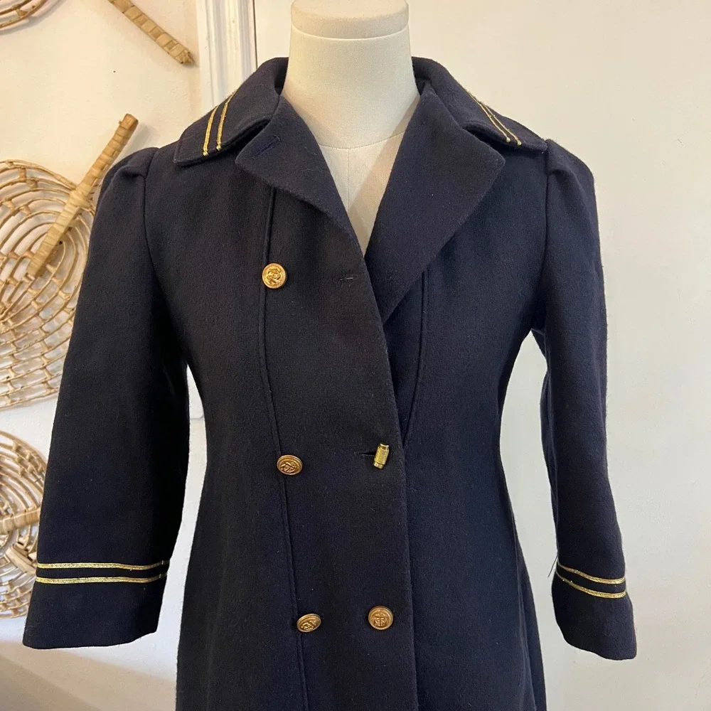 Vintage Freeway Fashions Navy Wool Double Breasted Military Pea Coat Girls 7